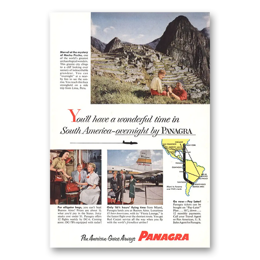 1954 Panagra Airlines Machu Picchu Alligator Bags Vintage Magazine Print Ad