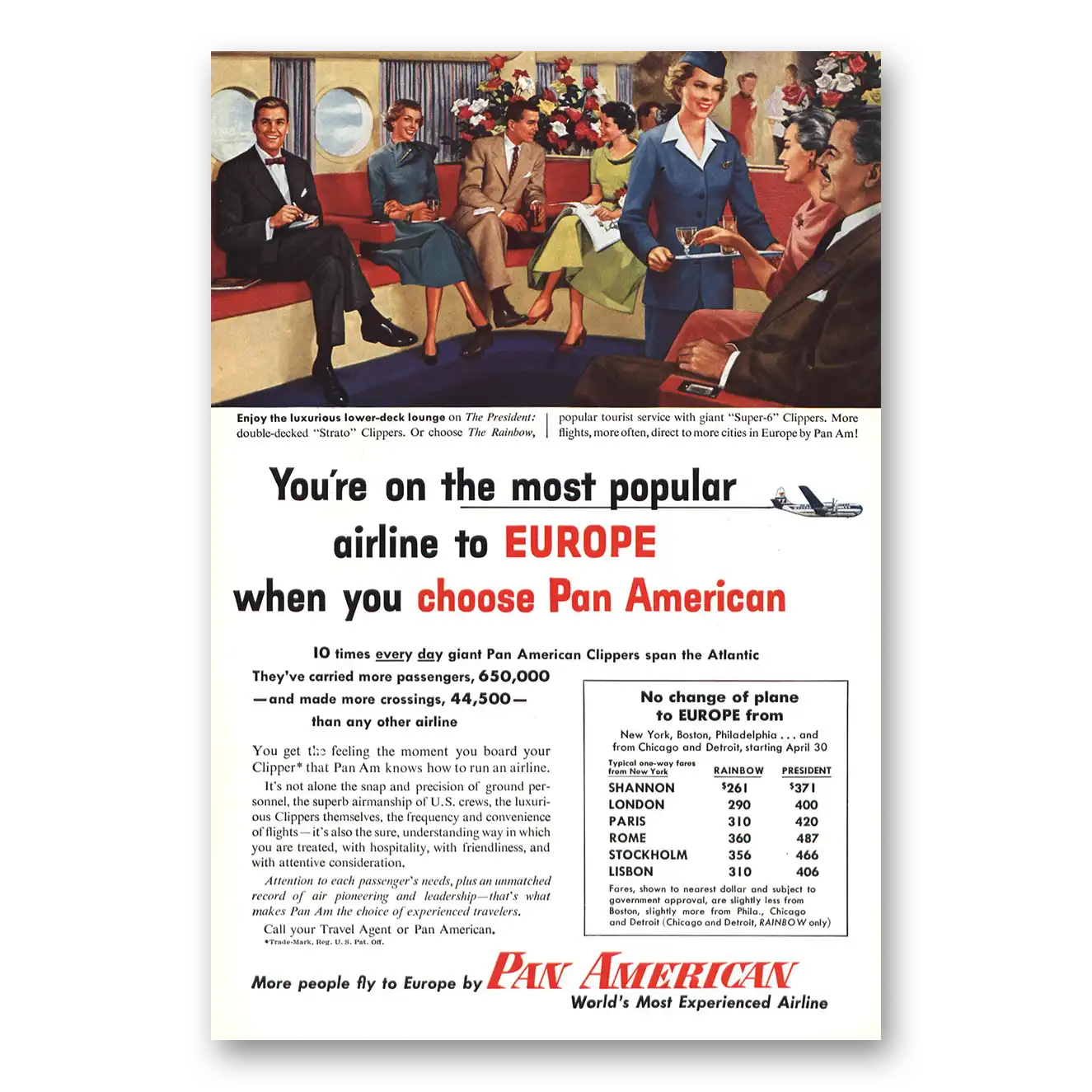 1954 Pan Am Lower Deck Lounge Vintage Magazine Print Ad