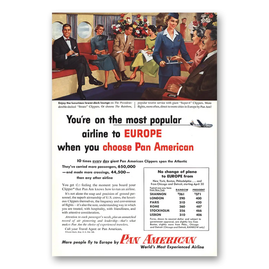 1954 Pan Am Lower Deck Lounge Vintage Magazine Print Ad