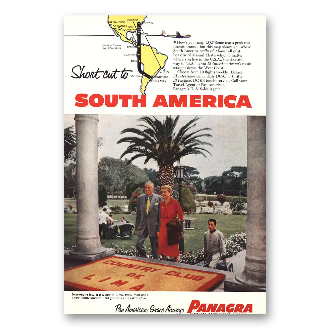 1954 Panagra Airlines Short Cut to South America Vintage Magazine Print Ad