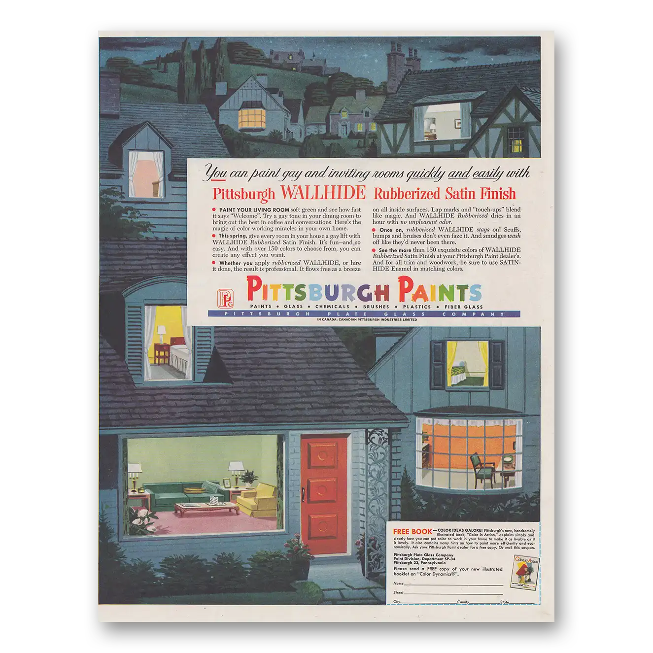 1954 Pittsburgh Paints Wallhide Rubberized Satin Finish Vintage Magazine Print Ad