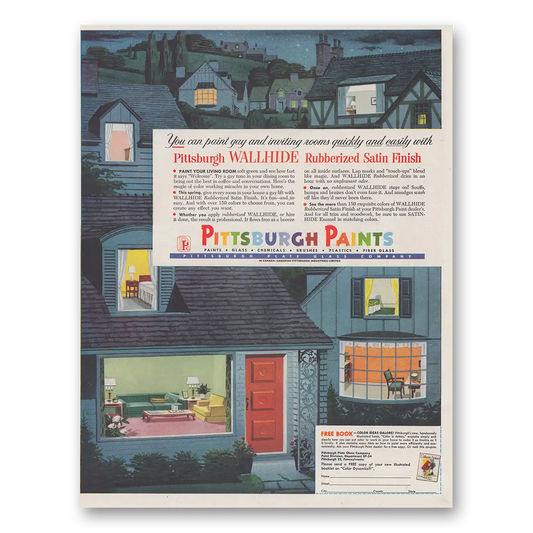 1954 Pittsburgh Paints Wallhide Rubberized Satin Finish Vintage Magazine Print Ad