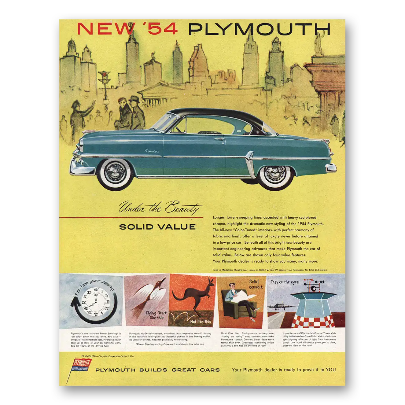 1954 Plymouth Under the Beauty Solid Value Vintage Magazine Print Ad