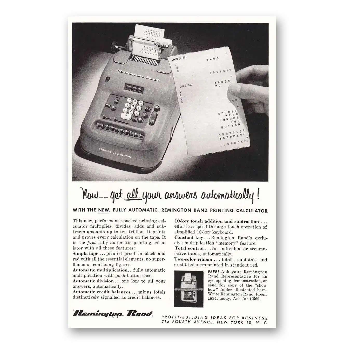 1954 Remington Rand Printing Calculator Answers Automatically Vintage Magazine Print Ad