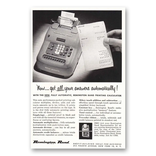 1954 Remington Rand Printing Calculator Answers Automatically Vintage Magazine Print Ad