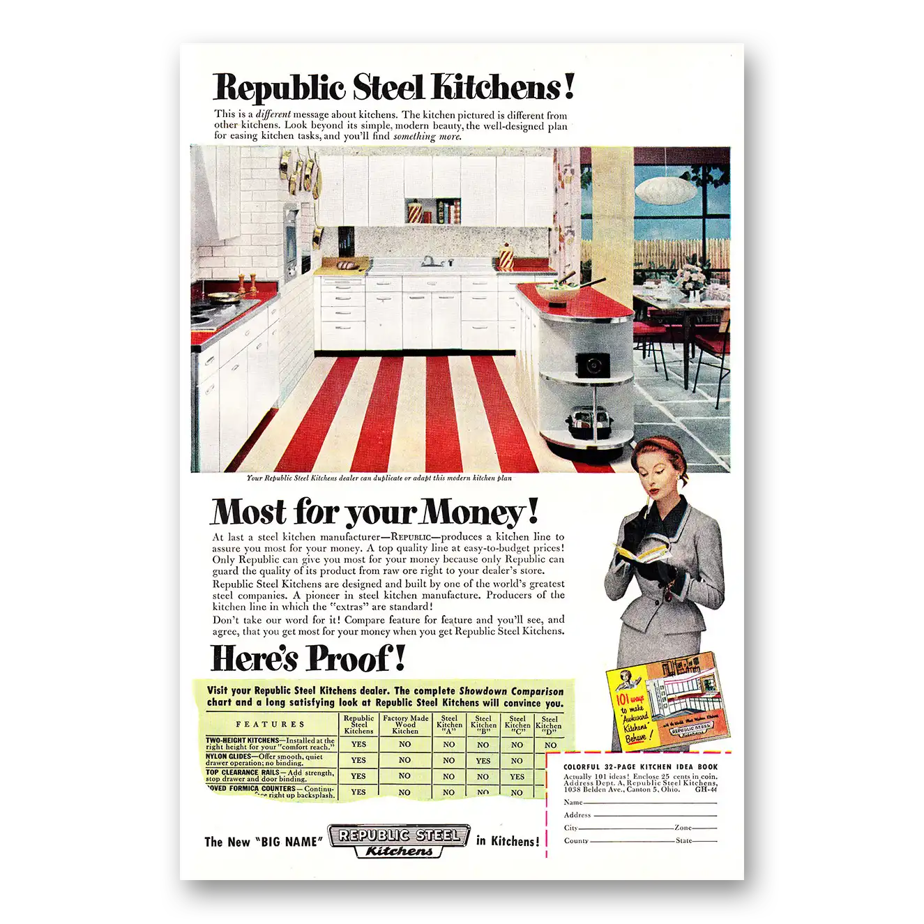 1954 Republic Steel Kitchens Most For Your Money Vintage Magazine Print Ad