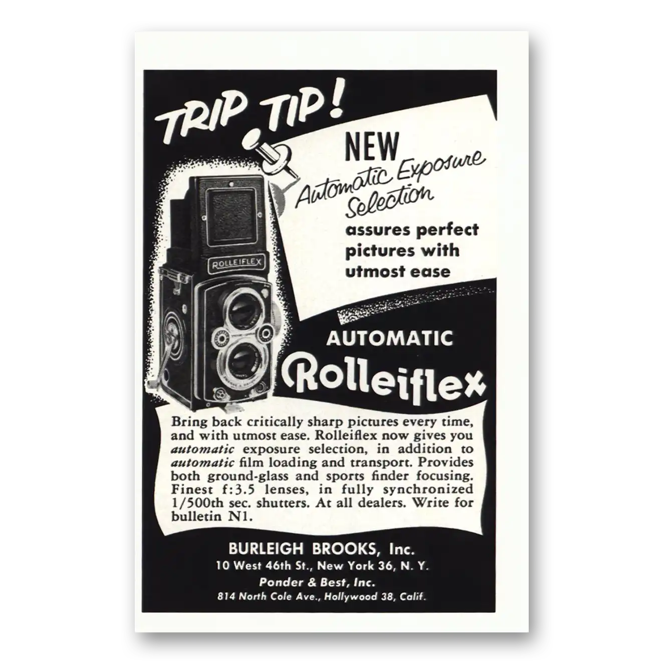 1954 Rolleiflex Camera Trip Tip Vintage Magazine Print Ad