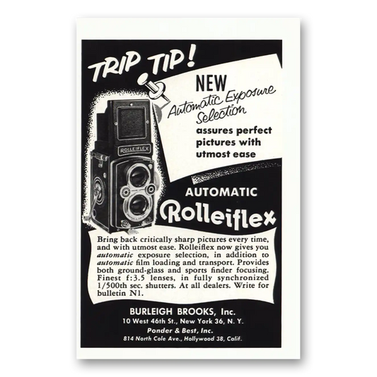 1954 Rolleiflex Camera Trip Tip Vintage Magazine Print Ad