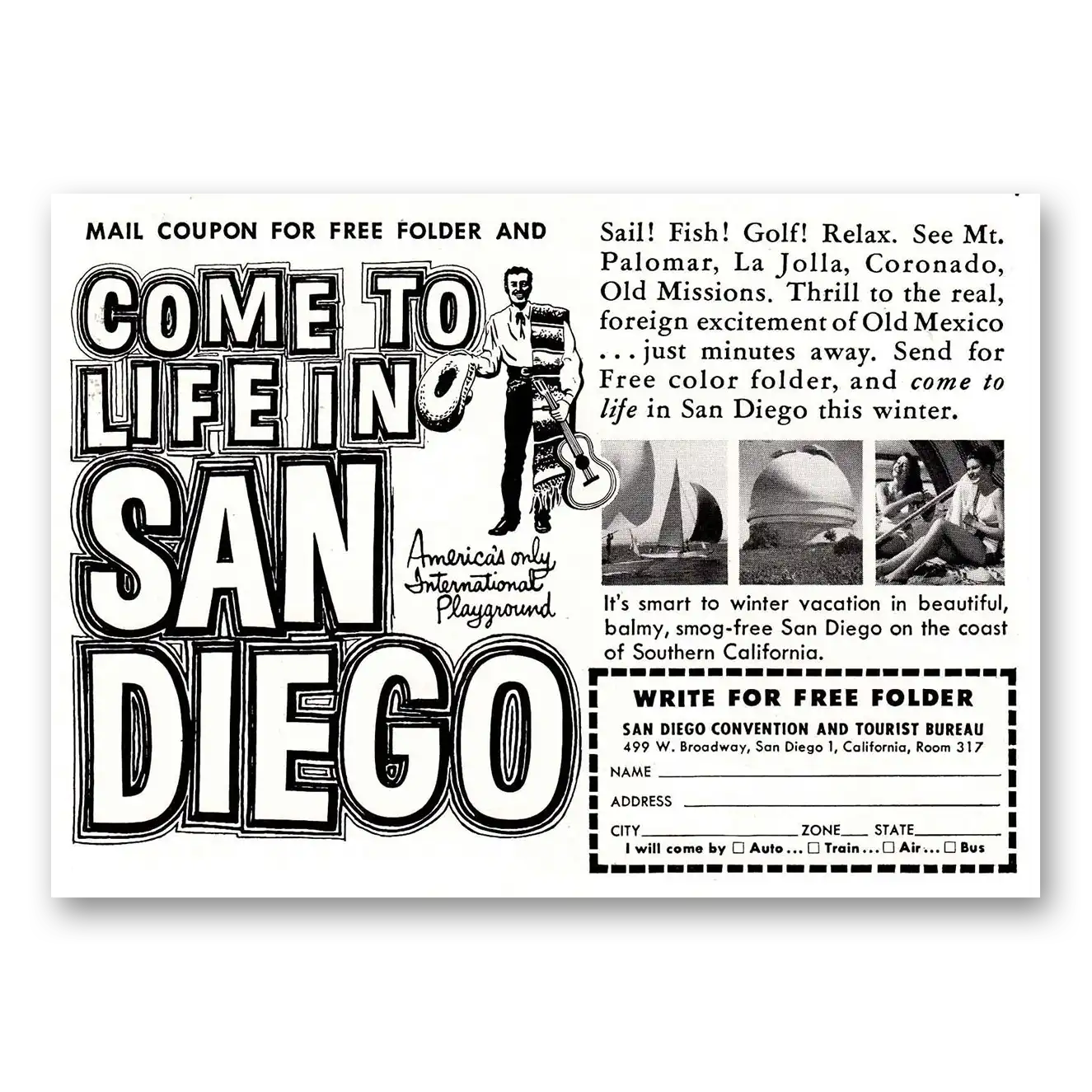 1954 San Diego California Come to Life Vintage Magazine Print Ad