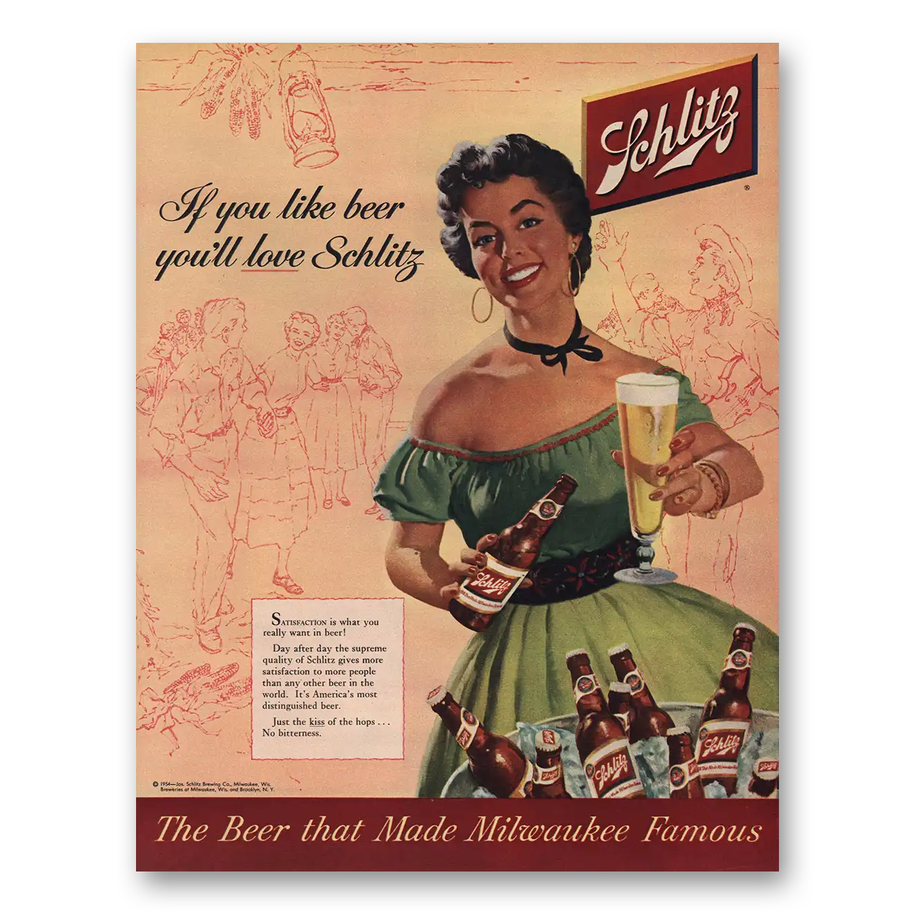 1954 Schlitz Beer If You Like Beer You'll Love Schlitz Vintage Magazine Print Ad