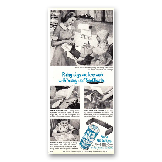 1954 Scot Towels Rainy Days Are Less Work Vintage Magazine Print Ad