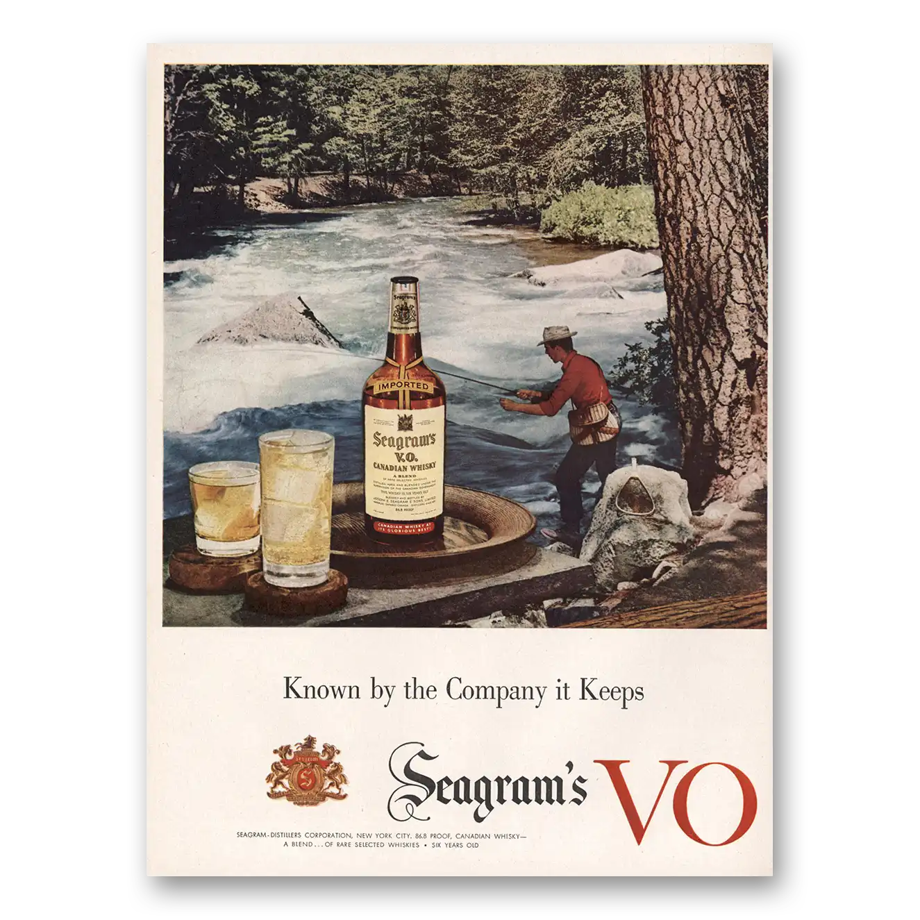 1954 Seagrams VO Whisky Known by the Company It Keeps Fishing Vintage Magazine Print Ad