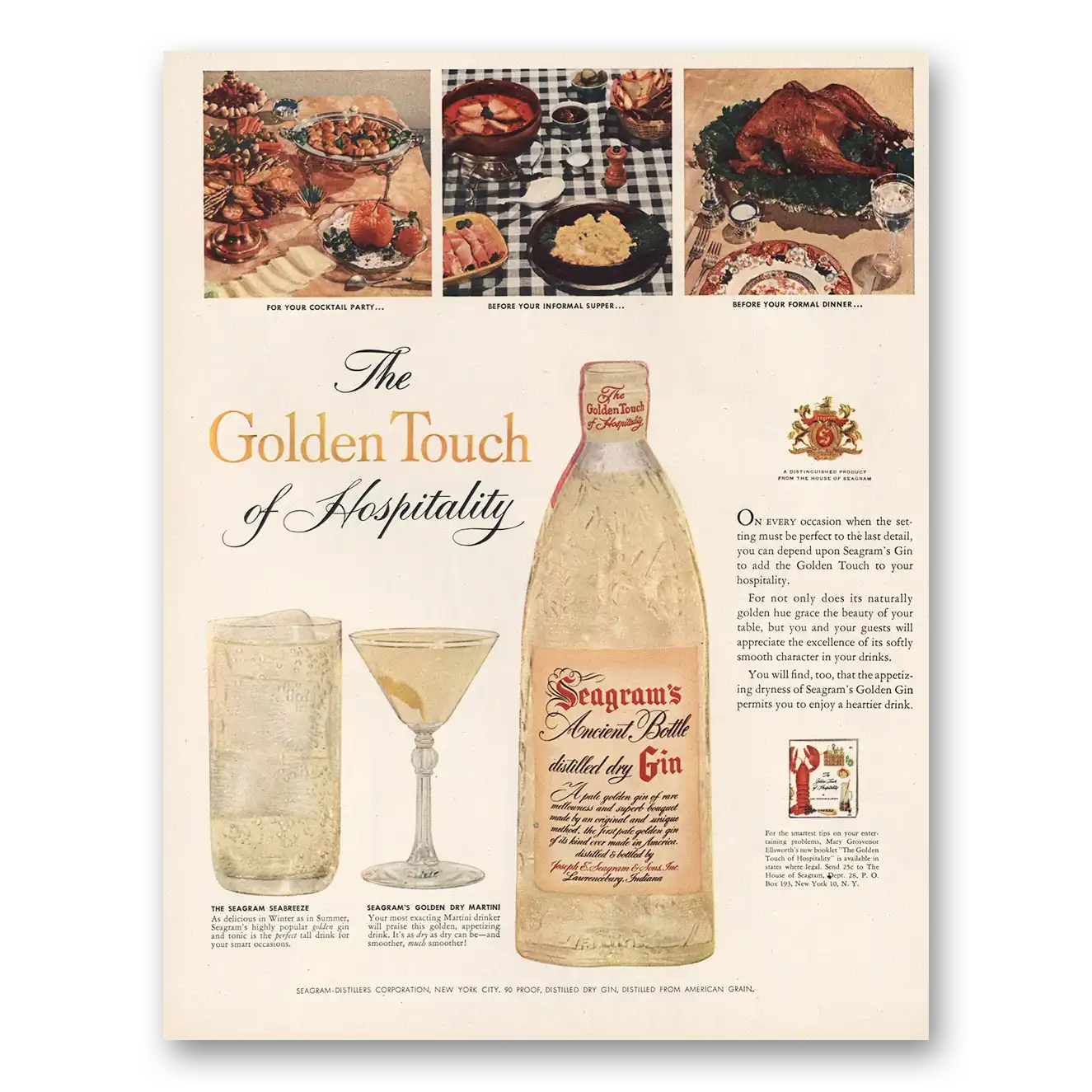 1954 Seagrams Golden Gin Golden Touch Vintage Magazine Print Ad