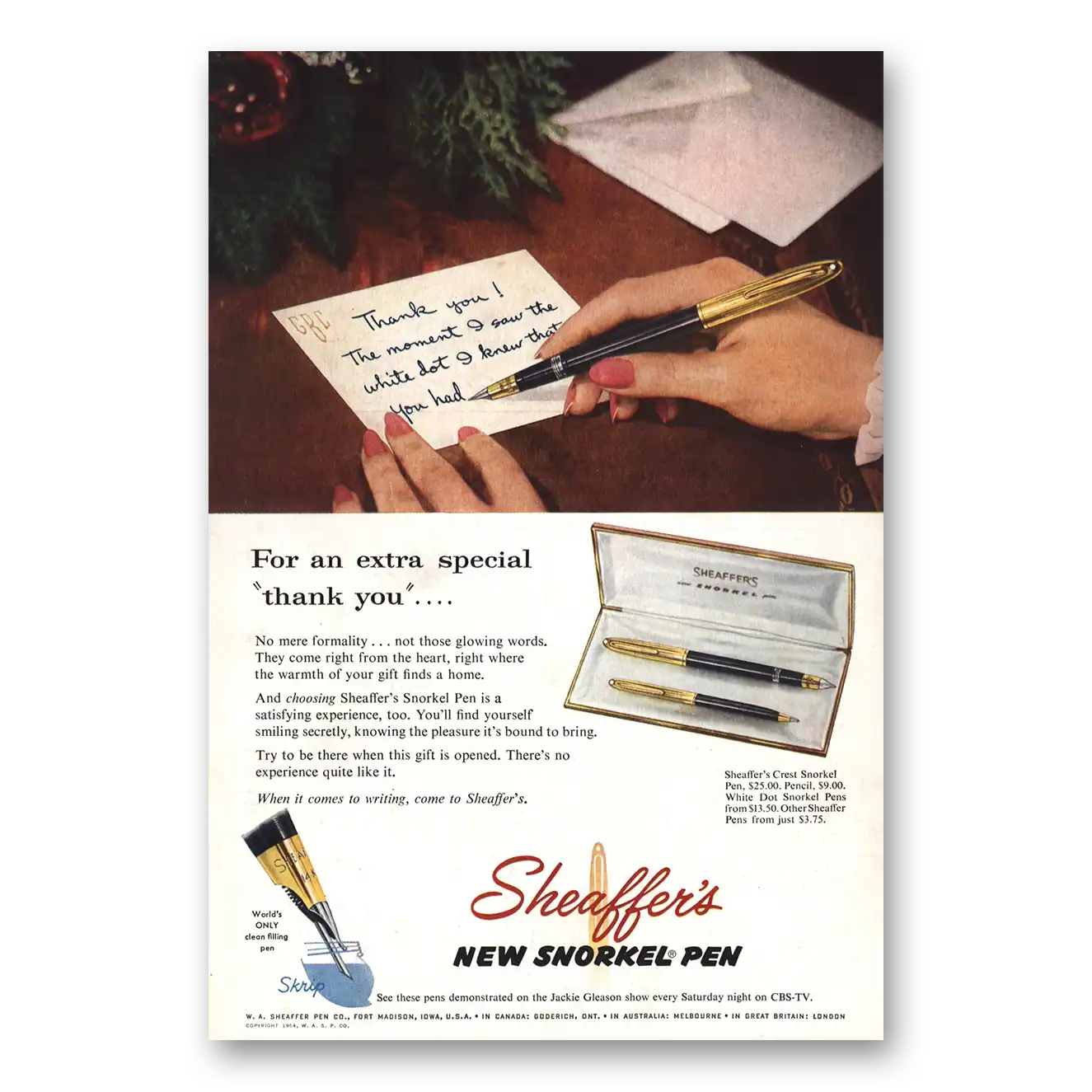 1954 Sheaffers Snorkel Pen Extra Special Thank You Vintage Magazine Print Ad