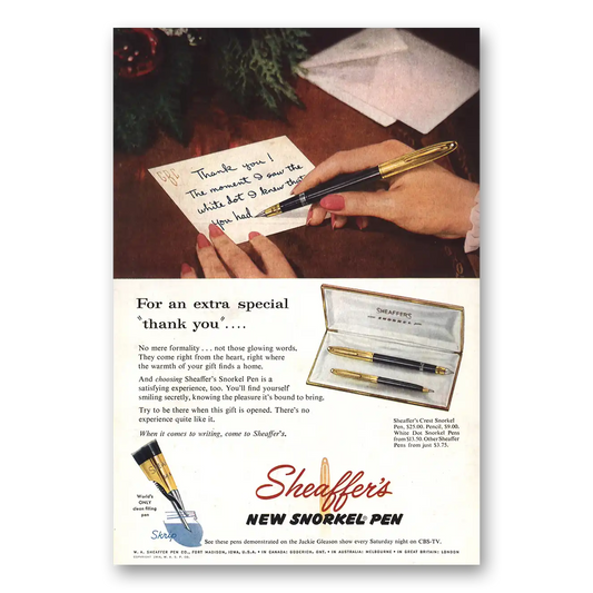 1954 Sheaffers Snorkel Pen Extra Special Thank You Vintage Magazine Print Ad