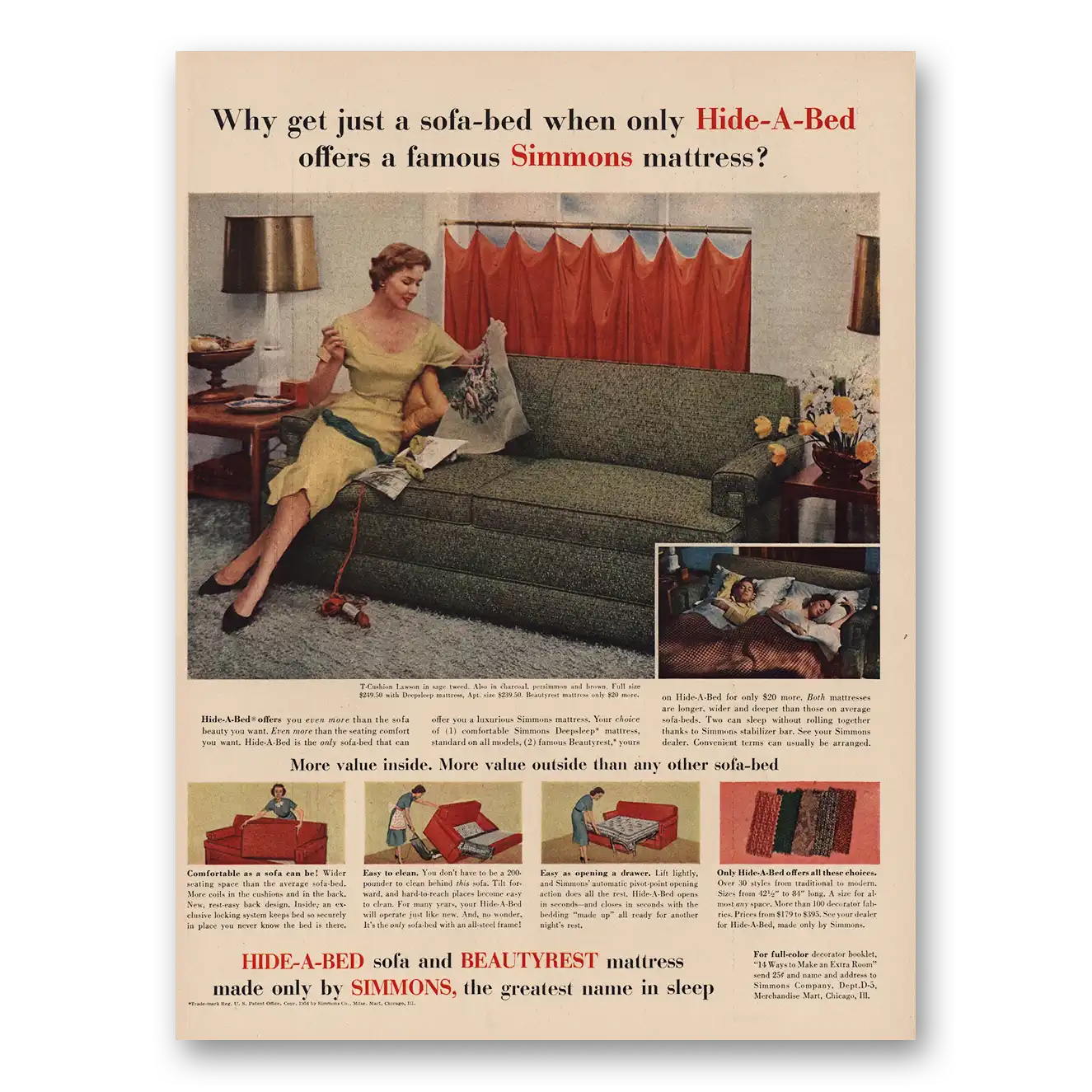 1954 Simmons Beautyrest Hide A Bed Mattress Sofa Bed Vintage Magazine Print Ad