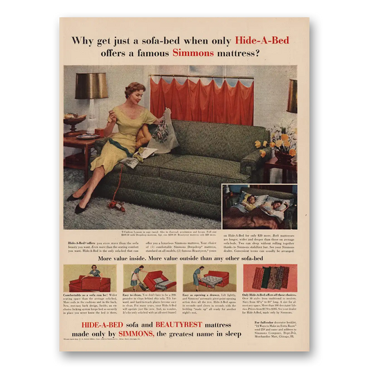 1954 Simmons Beautyrest Hide A Bed Mattress Sofa Bed Vintage Magazine Print Ad