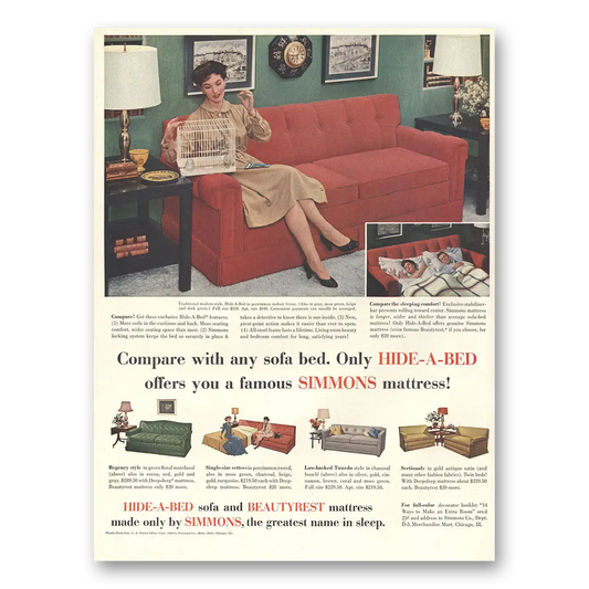 1954 Simmons Beautyrest Hide a Bed Vintage Magazine Print Ad