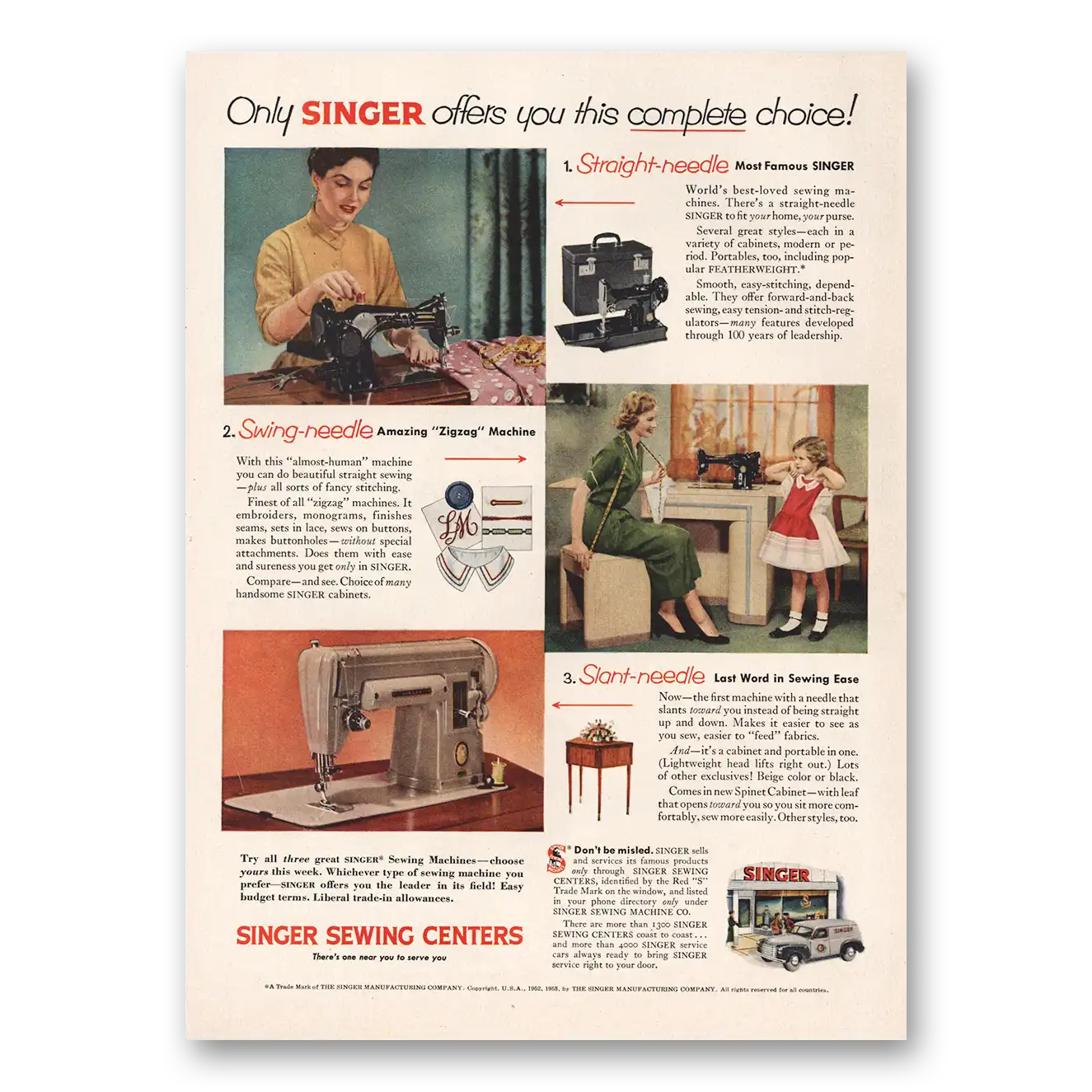 1954 Singer Sewing Centers Complete Choice Vintage Magazine Print Ad