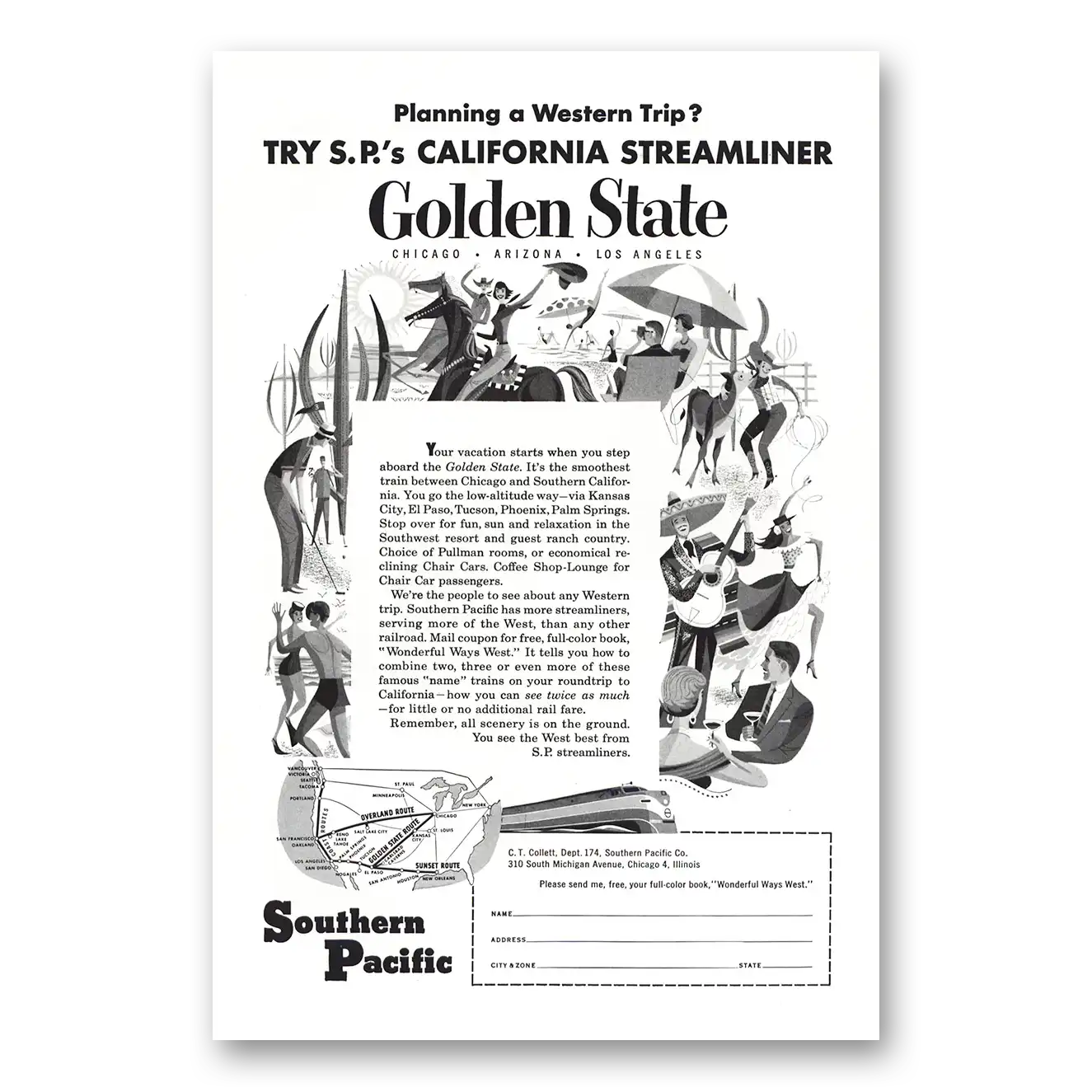 1954 Southern Pacific California Golden State Vintage Magazine Print Ad