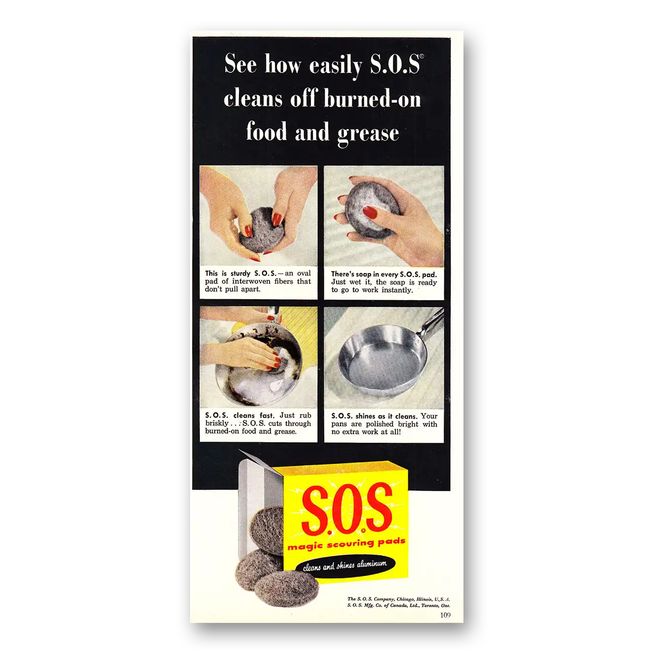 1954 SOS Scouring Pads Cleans Off Burned On Food Vintage Magazine Print Ad