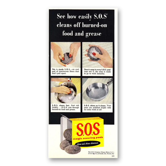 1954 SOS Scouring Pads Cleans Off Burned On Food Vintage Magazine Print Ad