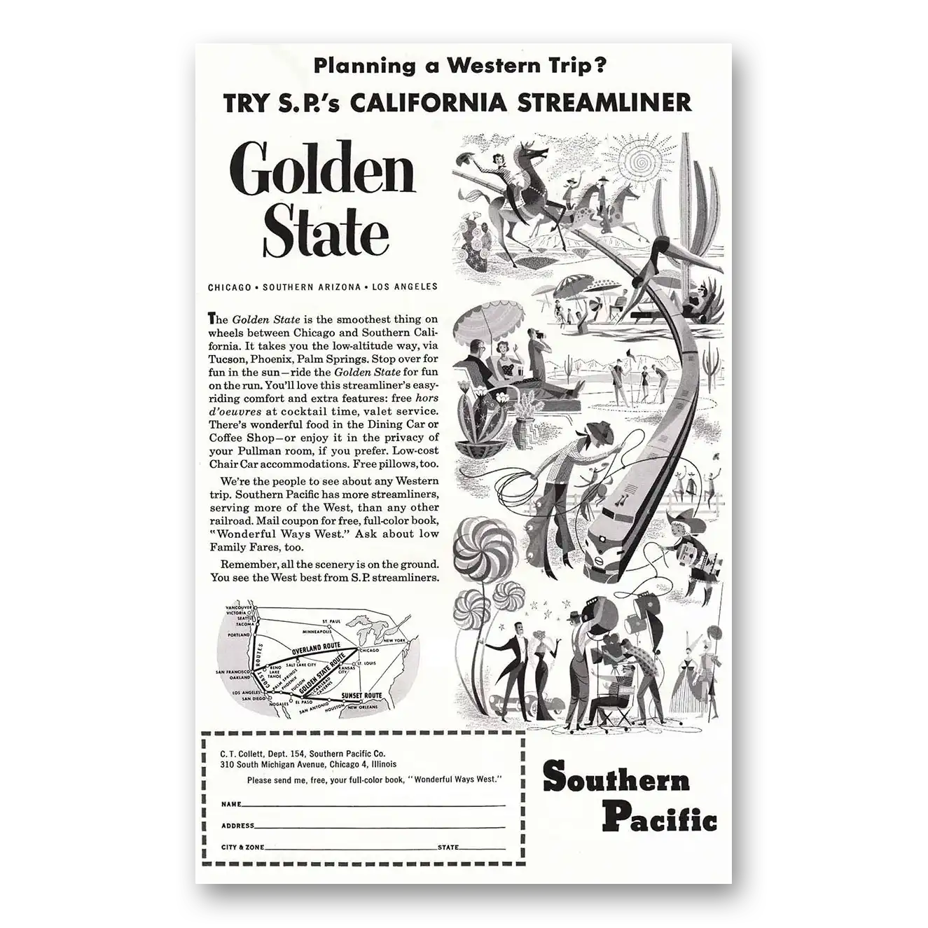 1954 Southern Pacific Golden State Vintage Magazine Print Ad