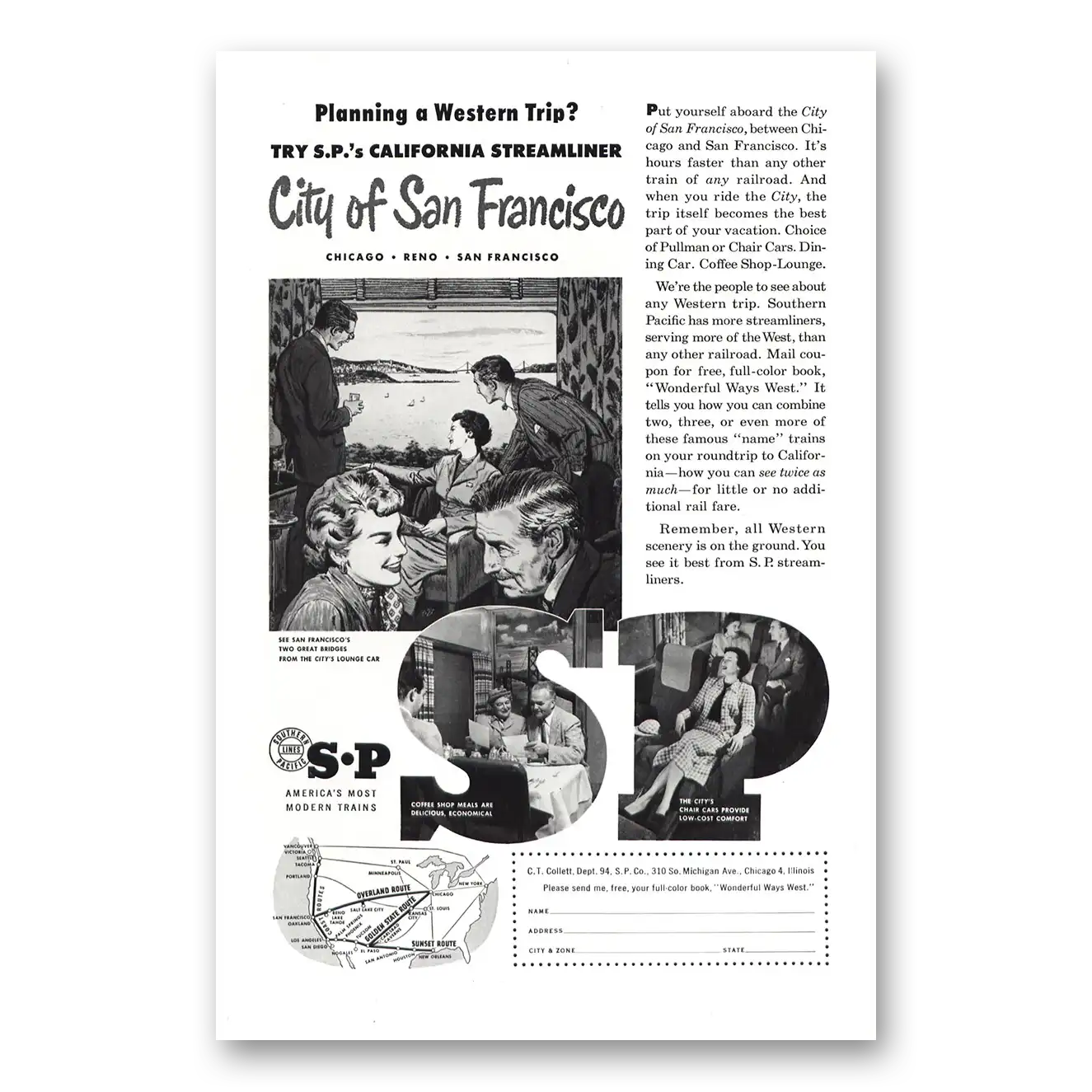 1954 Southern Pacific City of San Francisco Vintage Magazine Print Ad