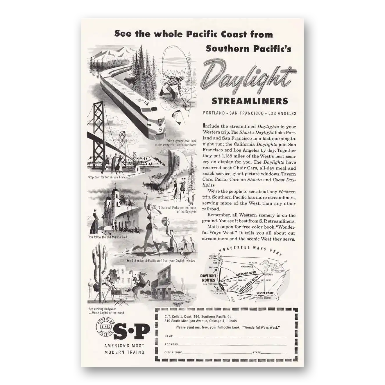 1954 Southern Pacific Daylight Streamliners Vintage Magazine Print Ad