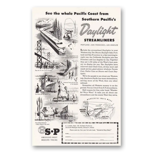 1954 Southern Pacific Daylight Streamliners Vintage Magazine Print Ad