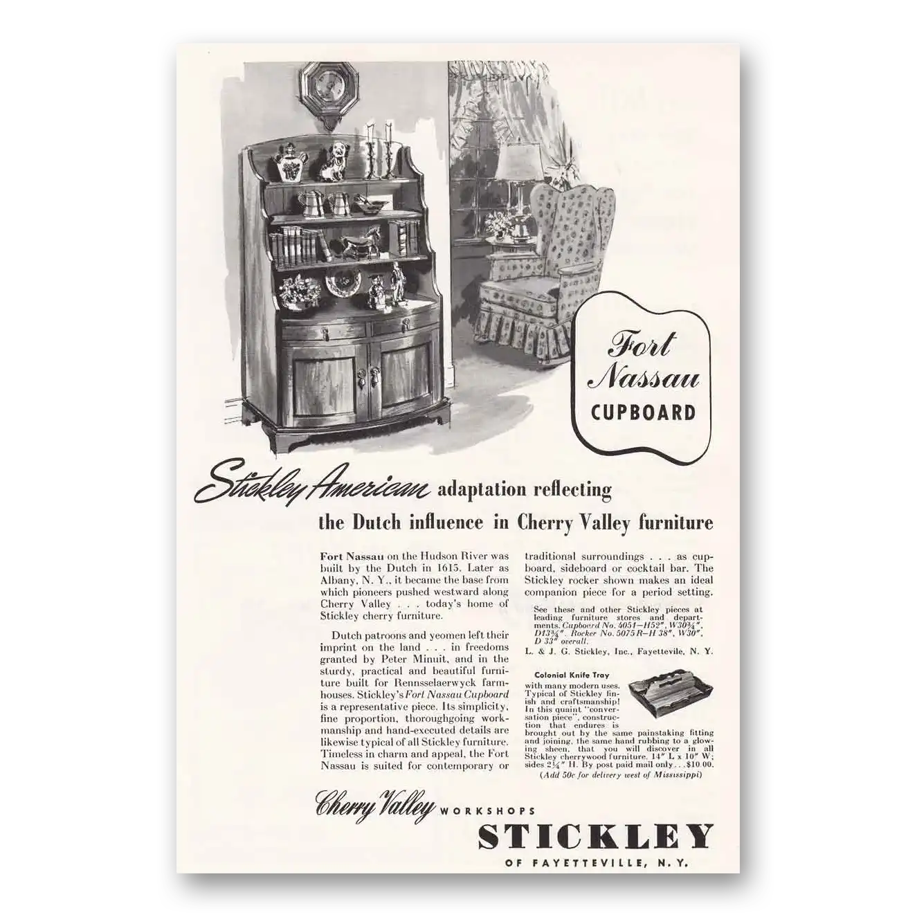 1954 Stickley Furniture Cherry Valley Furniture Fort Nassau Cupboard Vintage Magazine Print Ad