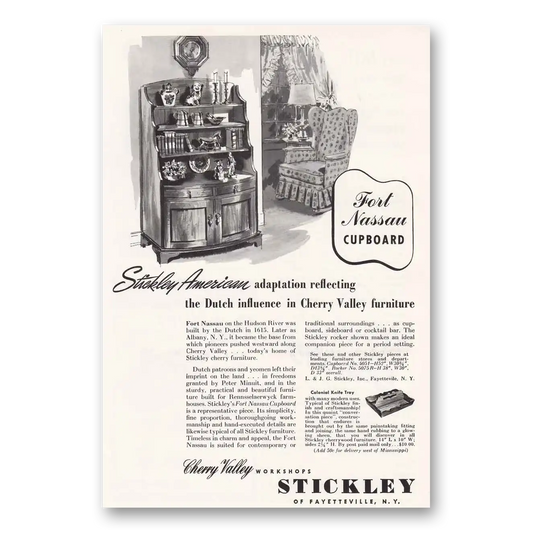 1954 Stickley Furniture Cherry Valley Furniture Fort Nassau Cupboard Vintage Magazine Print Ad