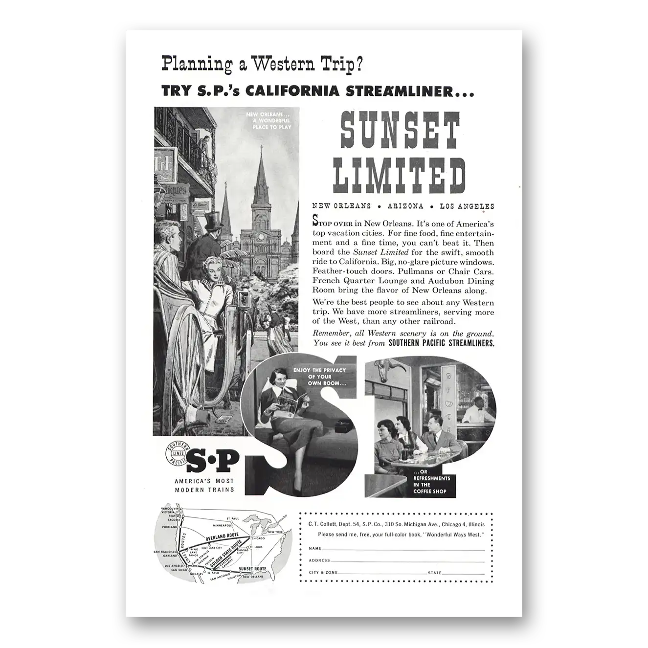 1954 Southern Pacific Sunset Limited New Orleans Vintage Magazine Print Ad