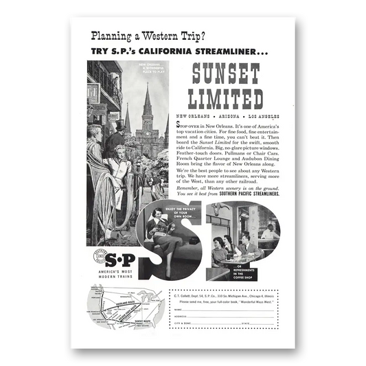 1954 Southern Pacific Sunset Limited New Orleans Vintage Magazine Print Ad