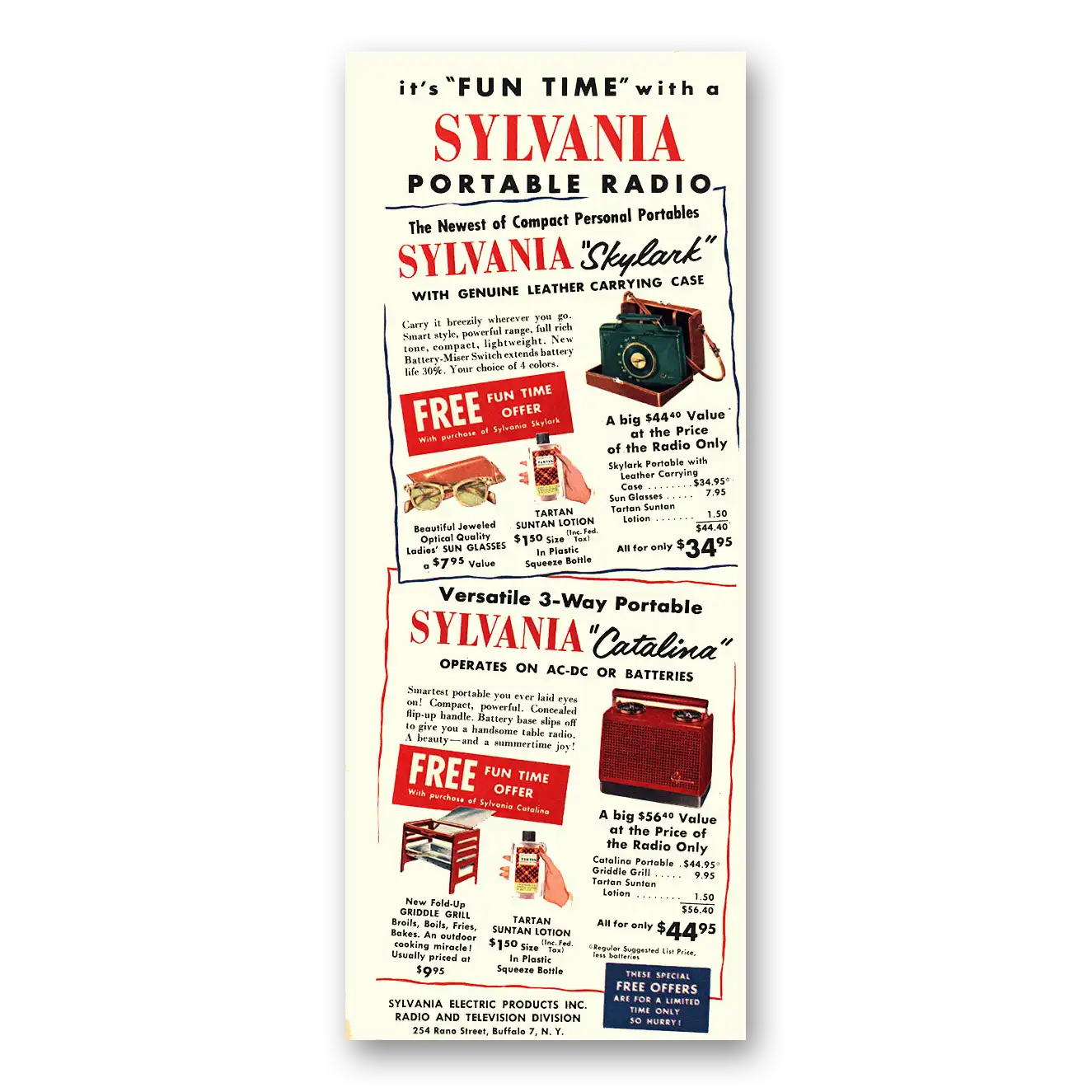 1954 Sylvania Portable Radio Skylark Catalina Vintage Magazine Print Ad