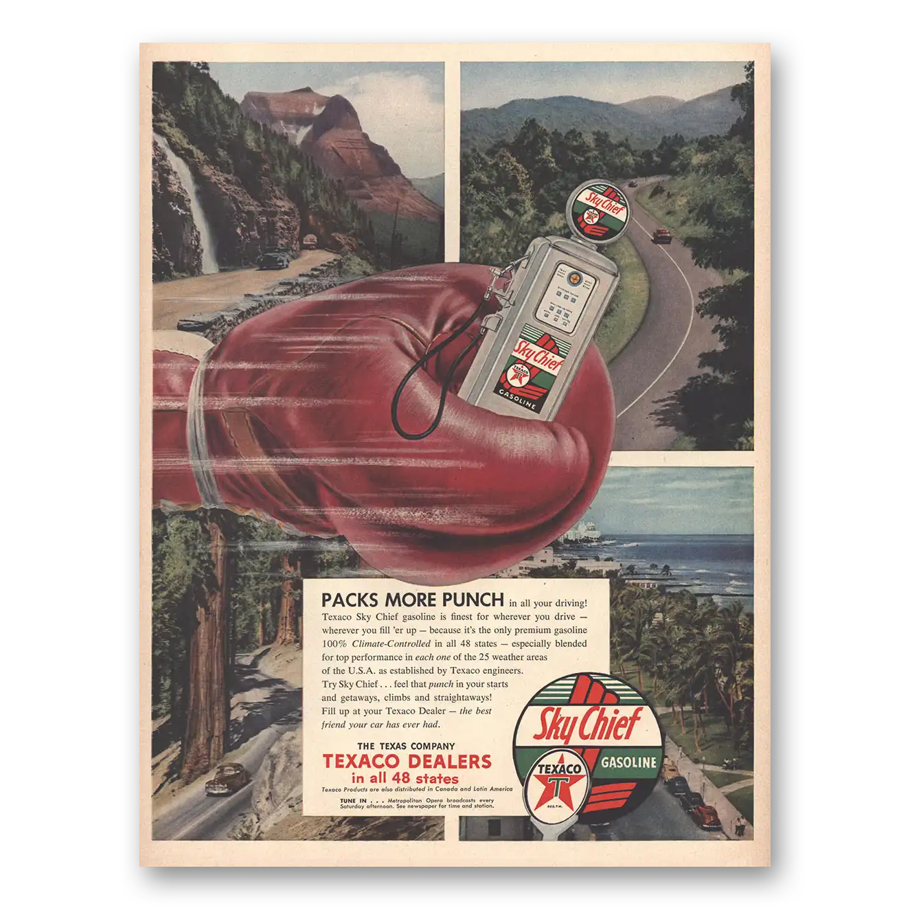 1954 Texaco Sky Chief Gasoline Packs More Punch Vintage Magazine Print Ad