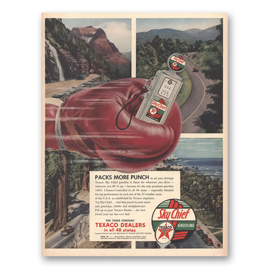 1954 Texaco Sky Chief Gasoline Packs More Punch Vintage Magazine Print Ad