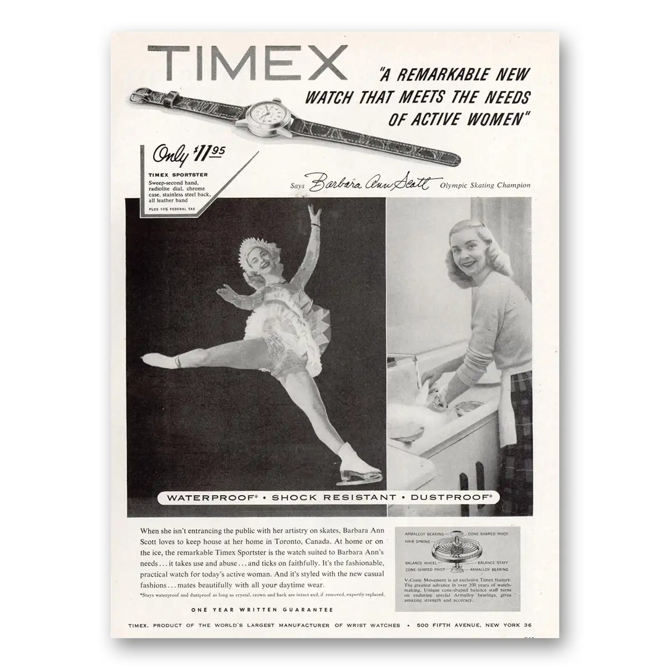 1954 Timex Watch Barbara Ann Scott Olympic Skating Champion Vintage Magazine Print Ad