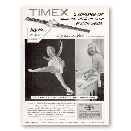 1954 Timex Watch Barbara Ann Scott Olympic Skating Champion Vintage Magazine Print Ad