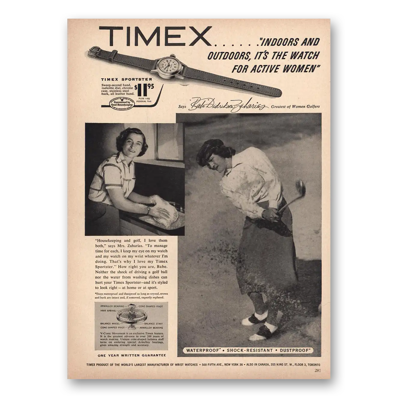 1954 Timex Watch Babe Didrikson Zaharias Vintage Magazine Print Ad