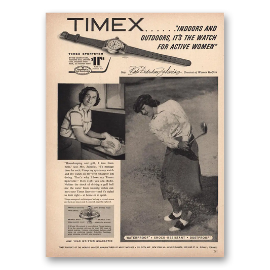 1954 Timex Watch Babe Didrikson Zaharias Vintage Magazine Print Ad