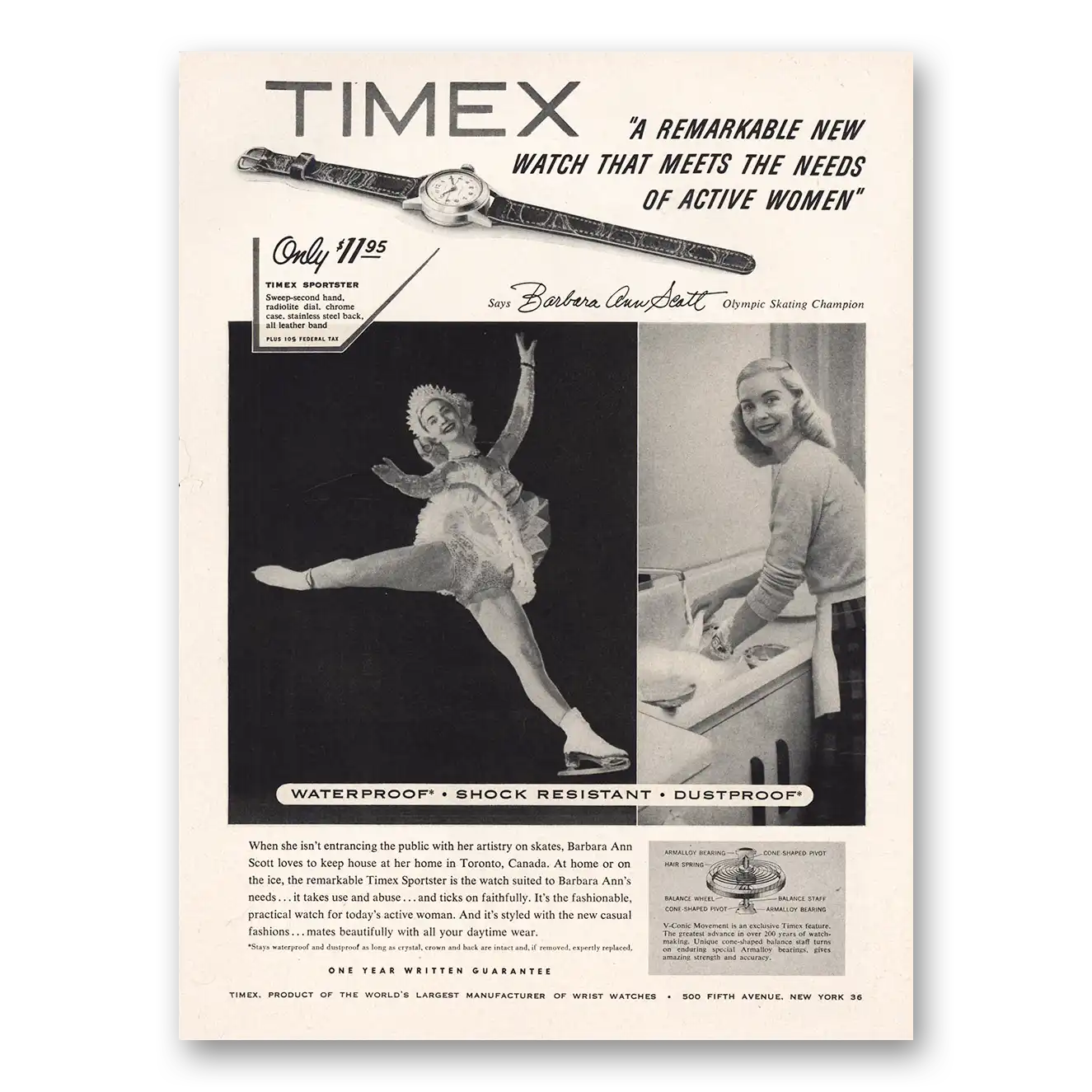 1954 Timex Watch Barbara Ann Scott Figure Skater Vintage Magazine Print Ad