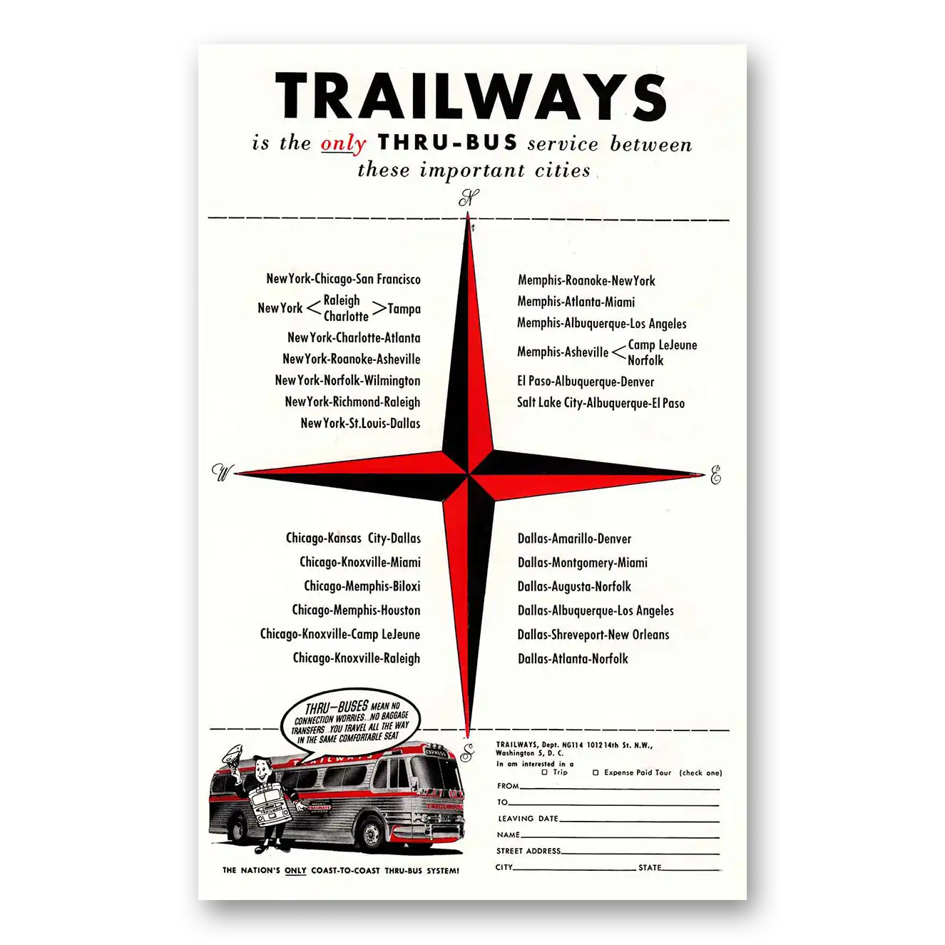 1954 Trailways Important Cities Vintage Magazine Print Ad