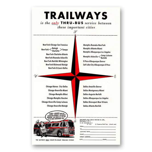 1954 Trailways Important Cities Vintage Magazine Print Ad