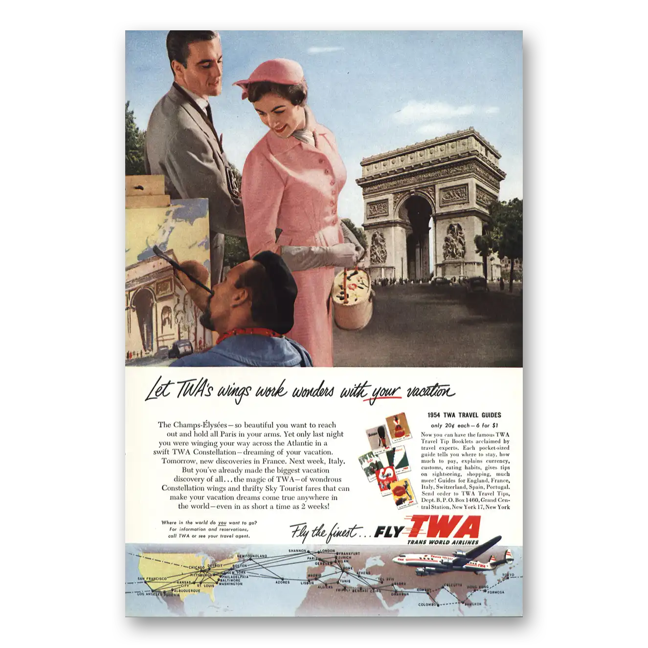 1954 TWA Airlines Artist Champs Elysees Vintage Magazine Print Ad