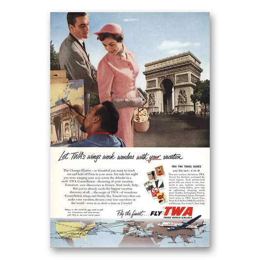 1954 TWA Airlines Artist Champs Elysees Vintage Magazine Print Ad