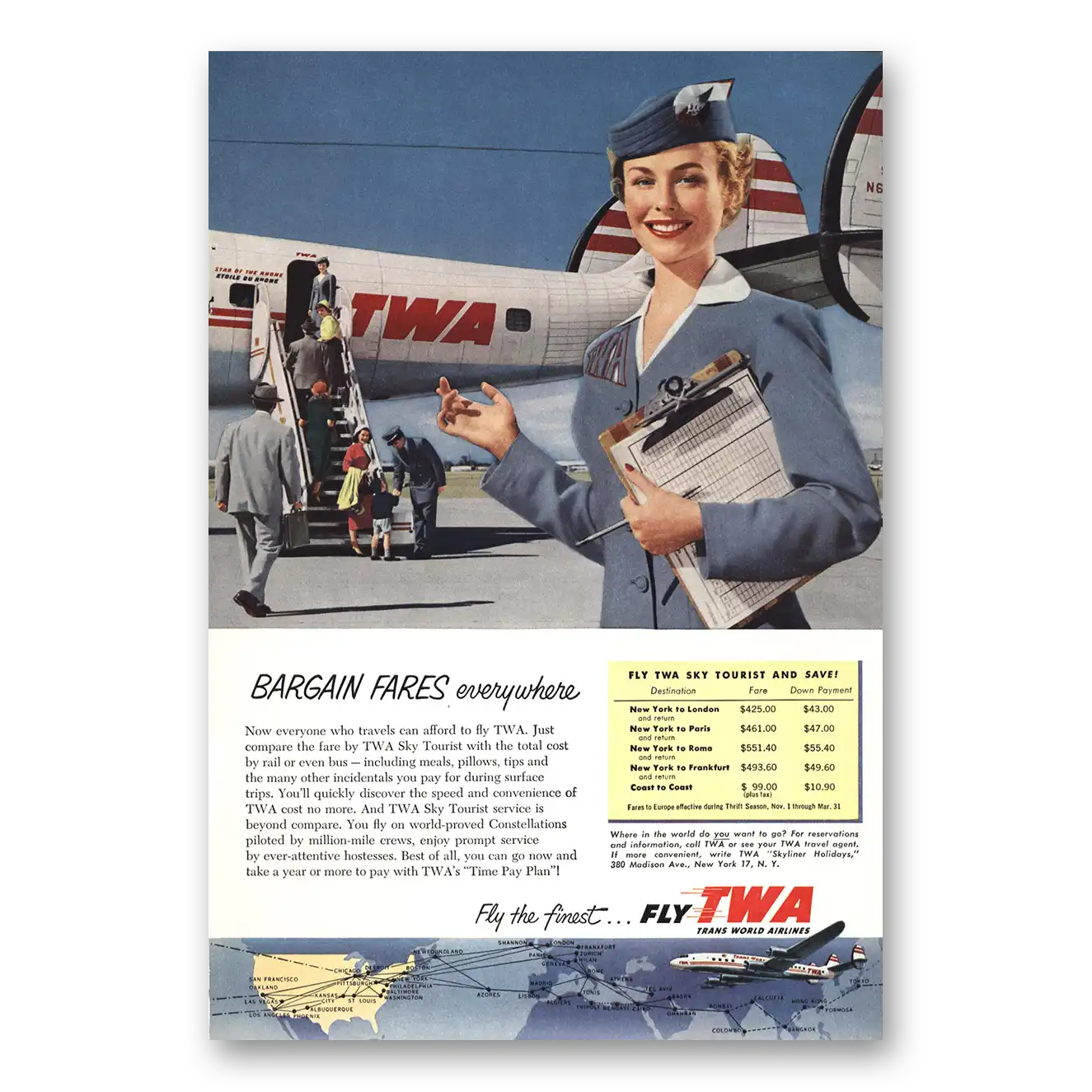 1954 TWA Airlines Sky Tourist Bargain Fares Vintage Magazine Print Ad