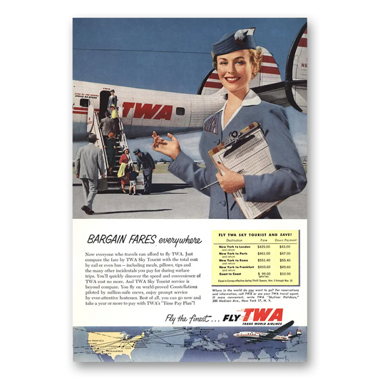 1954 TWA Airlines Sky Tourist Bargain Fares Vintage Magazine Print Ad