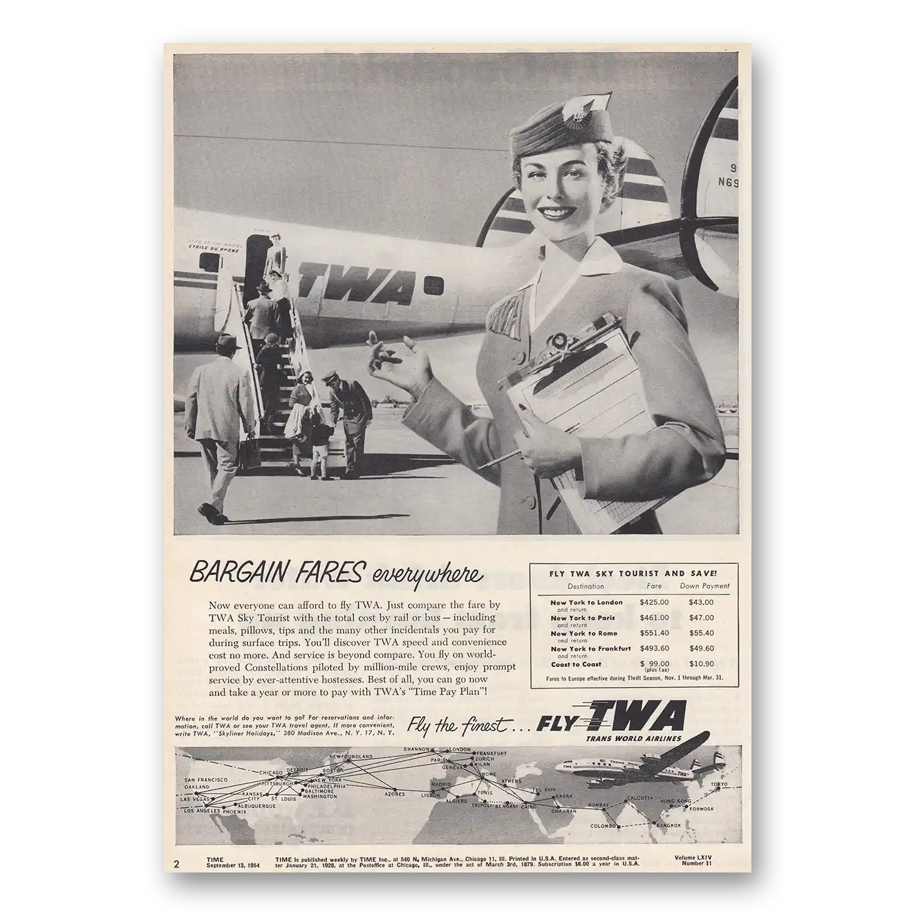 1954 TWA Airlines Bargain Fares Everywhere Sky Tourist Vintage Magazine Print Ad