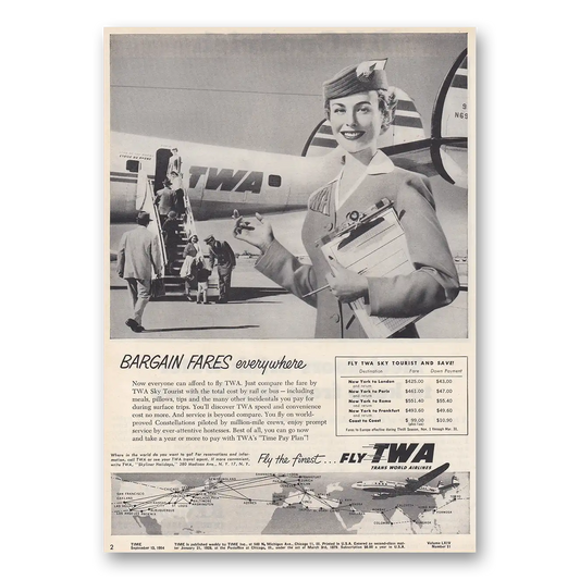 1954 TWA Airlines Bargain Fares Everywhere Sky Tourist Vintage Magazine Print Ad